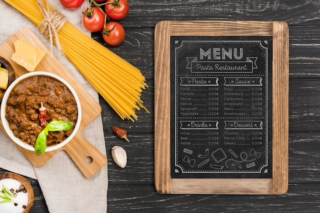 PSD vue de dessus du menu de la cuisine italienne