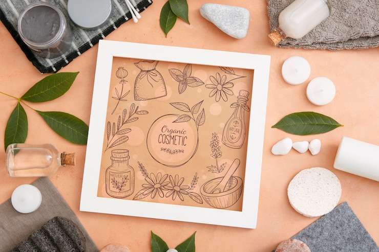 PSD vue de dessus des éléments essentiels du spa de beauté avec cadre et pierres
