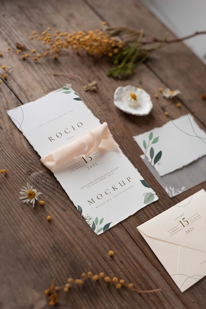 PSD vue de dessus sur l'invitation de mariage de fleurs sauvages