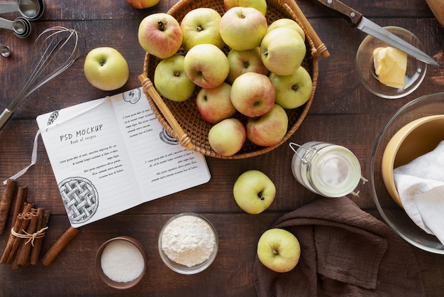 PSD vue de dessus livre de nourriture et de recettes nature morte