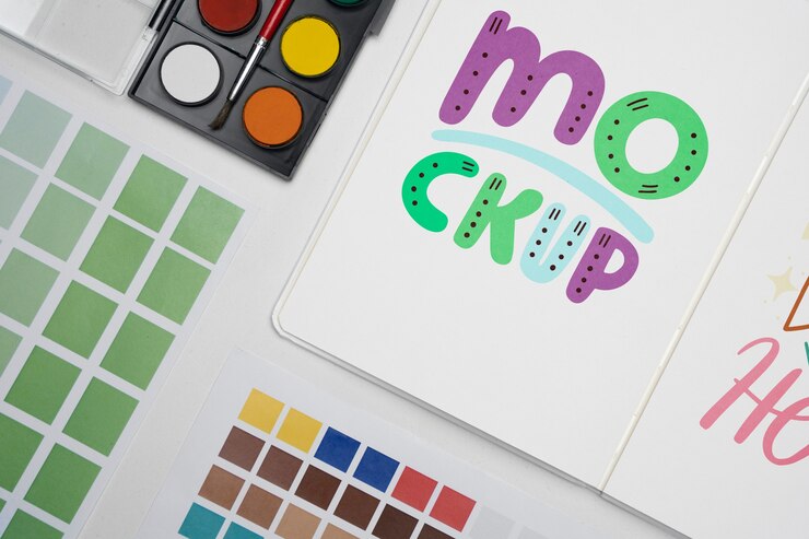 PSD vue de dessus sur la maquette du logo sur la table de travail