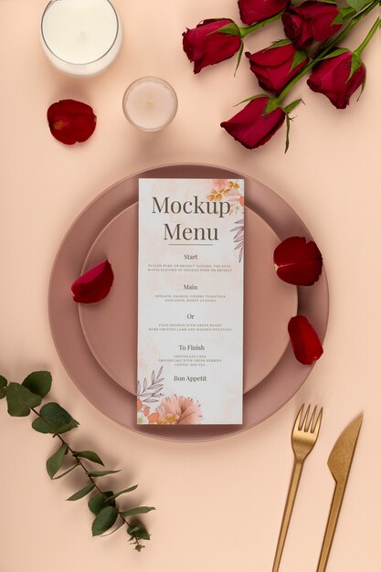 PSD vue de dessus sur la maquette du menu de mariage