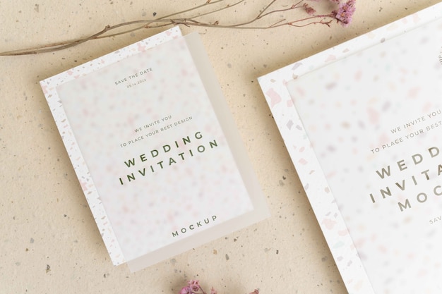 Vue de dessus de la maquette d'invitation de mariage vaporeuse