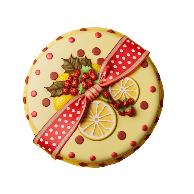 Vue de dessus de rendu 3D de la belle icône de gâteau aux fruits avec ruban à pois rouges