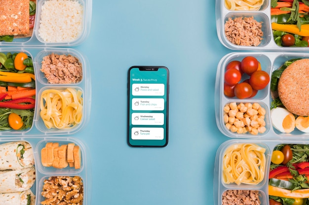 Vue de dessus des repas prévus avec smartphone