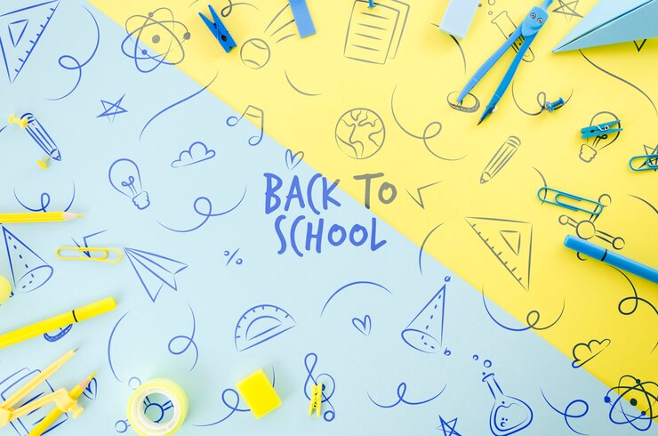 PSD vue de dessus retour à l'école avec fond coloré