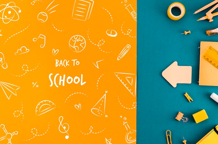 PSD vue de dessus retour à l'école avec fond coloré
