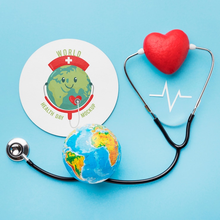 PSD vue de dessus stéthoscope et globe de la journée internationale de la santé
