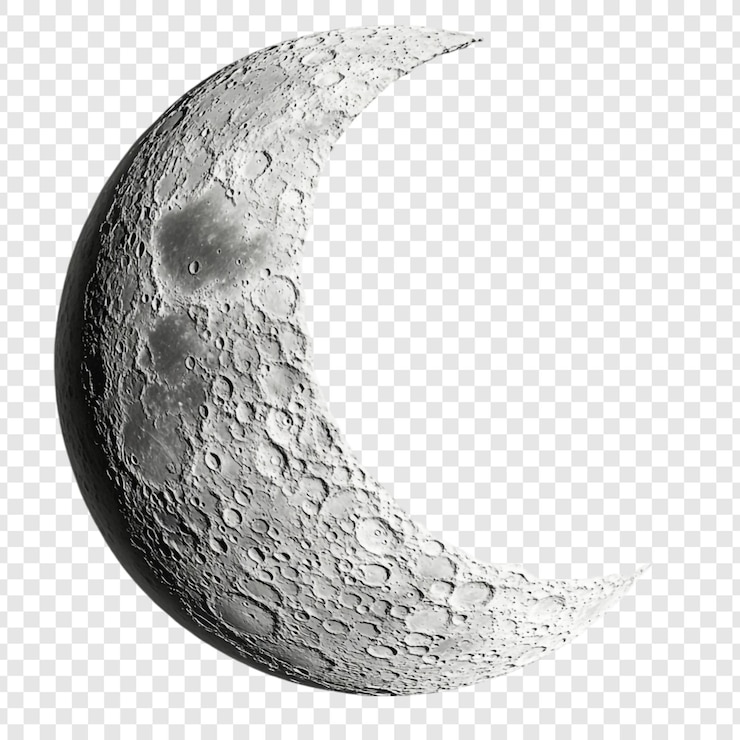 PSD vue détaillée du croissant de lune cratères de surface lunaire exploration spatiale corps céleste ciel nocturne astronomie science univers galaxie photo image réaliste