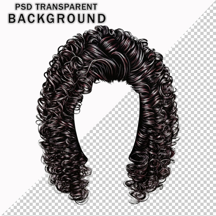 PSD vue de devant cheveux noirs africains tendus et bouclés sur un fond transparent