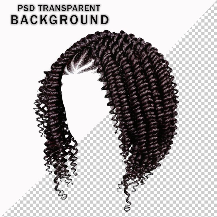 PSD vue de devant cheveux noirs africains tendus et bouclés sur un fond transparent