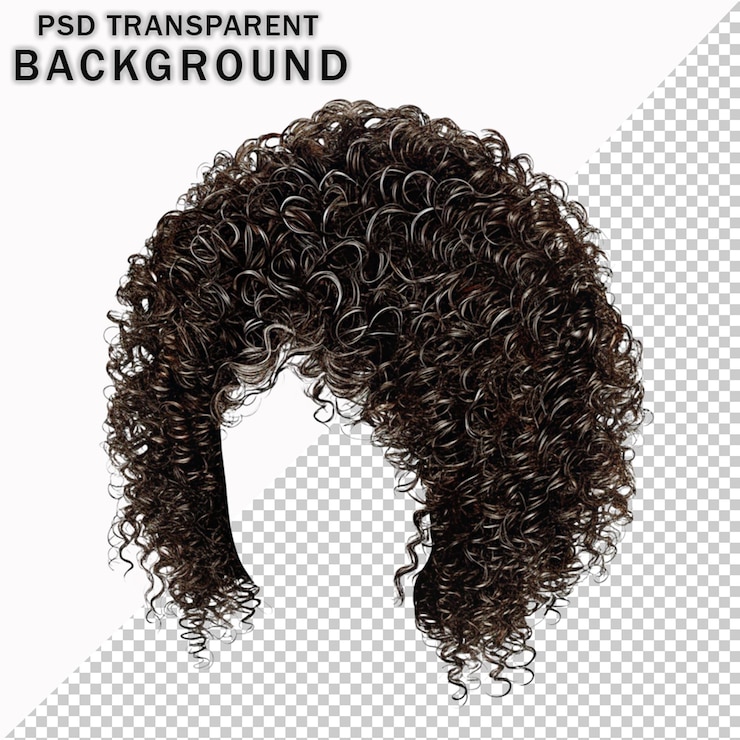 PSD vue de devant cheveux noirs africains tendus et bouclés sur un fond transparent
