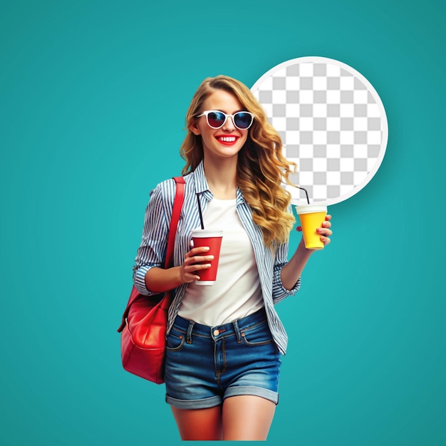 PSD vue de devant jeune femme tenant une boisson de pop-corn dans des lunettes de soleil sur la surface bleue