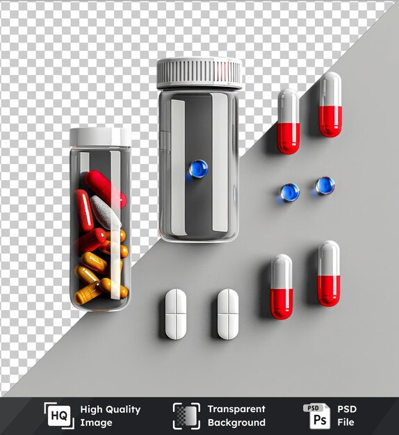 PSD vue du dessus de la table de mock-up bouteille de pilules de psd de haute qualité avec des capsules avec bouteille rouge-blanc