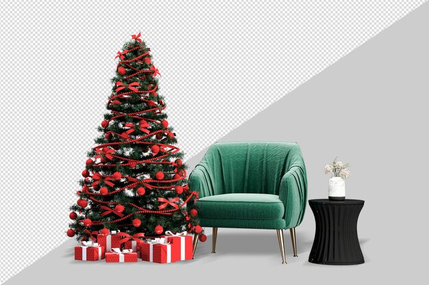 Vue de face de l'arbre de Noël et du fauteuil en rendu 3d