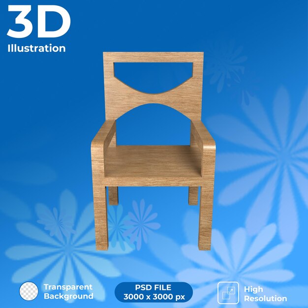 PSD vue de face de la chaise en bois de rendu 3d