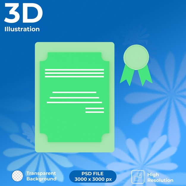 PSD vue de face du certificat de rendu 3d