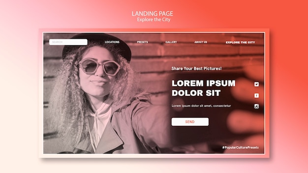 PSD vue de face femme avec modèle de page de destination de lunettes de soleil