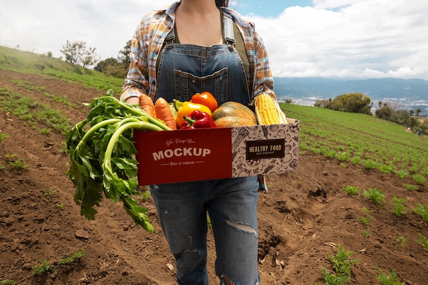 Vue De Face Femme Tenant Une Boîte Dans La Nature