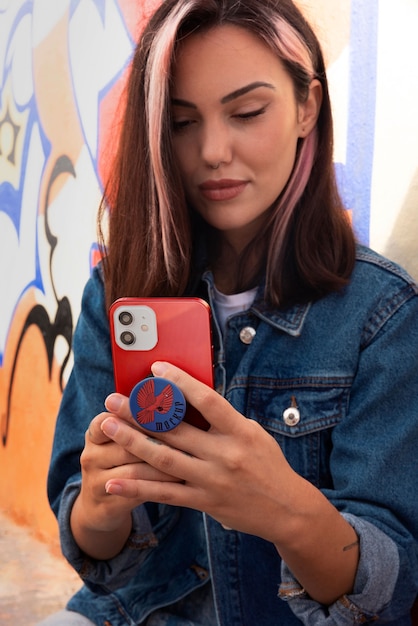 Vue de face femme utilisant popsocket sur son téléphone