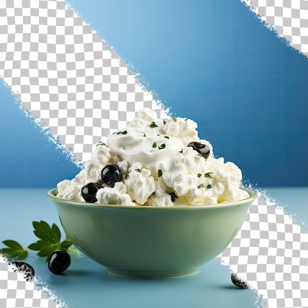 PSD vue de face d'un fromage cottage et d'olives mélangées aux couleurs blanches et noires