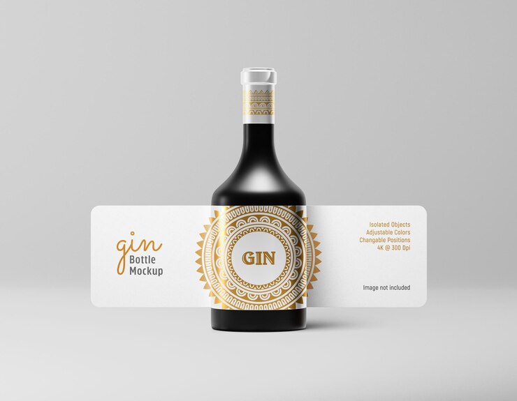 Vue de face de la maquette de la bouteille de gin ou de rhum