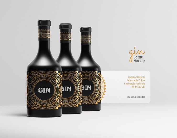 Vue de face de la maquette de la bouteille de gin ou de rhum