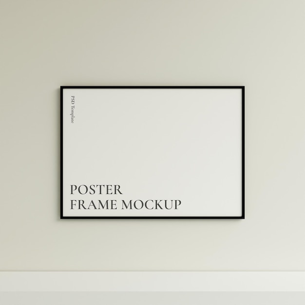 Vue de face propre et minimaliste maquette de cadre de photo ou d'affiche noire horizontale accrochée au mur rendu 3d