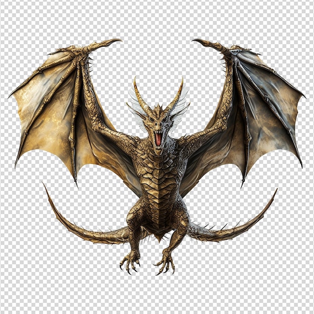 PSD vue frontale du dragon volant isolée sur un fond transparent