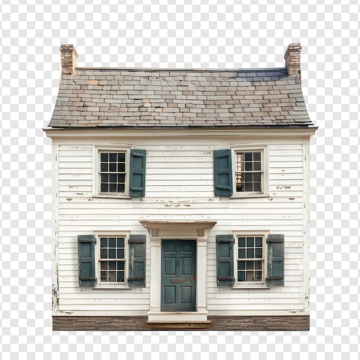 PSD vue frontale de la maison coloniale isolée en pleine longueur sur un fond transparent