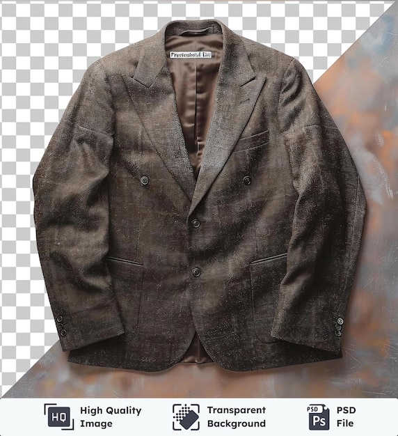 PSD une vue frontale psd transparente de haute qualité capture une étiquette de tissu en tweed brun blazer