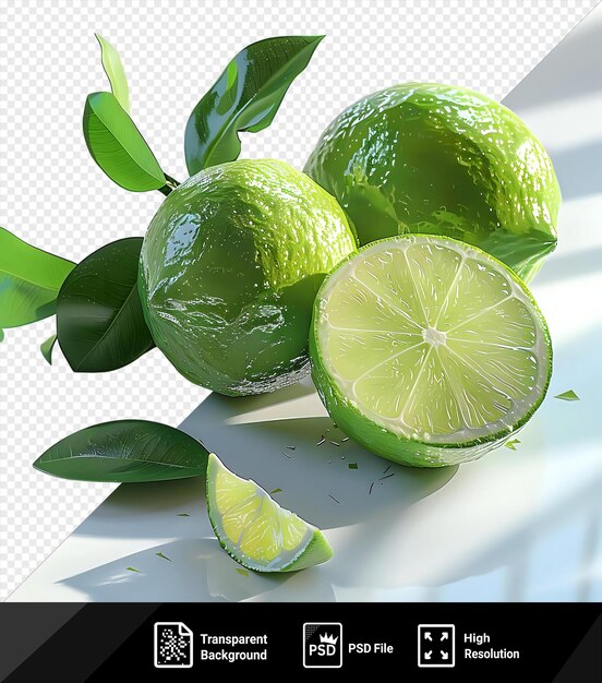 PSD vue haute de citrons frais et de citrons disposés sur un fond transparent accompagnés de feuilles vertes png psd