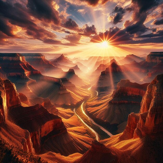 PSD vue hyper réaliste du paysage doré du grand canyon avec des lumières de fond au coucher du soleil.