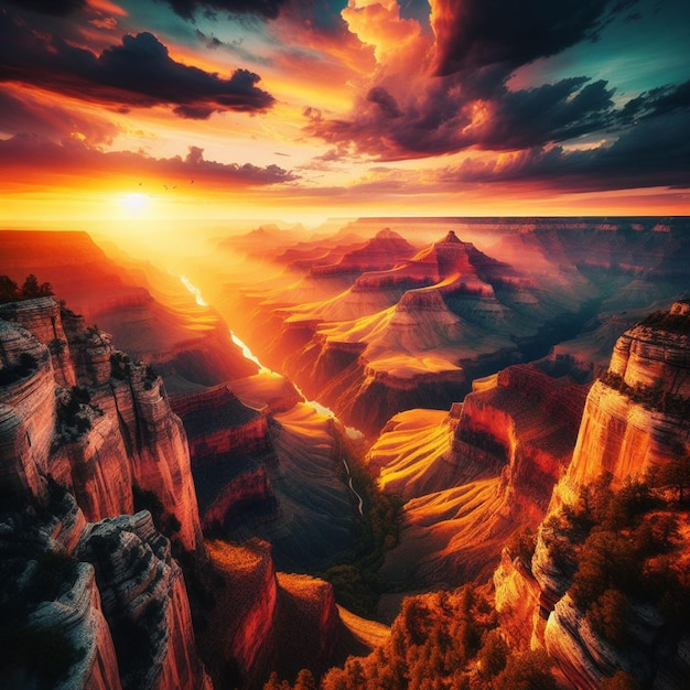 PSD vue hyper réaliste du paysage doré du grand canyon avec des lumières de fond au coucher du soleil.