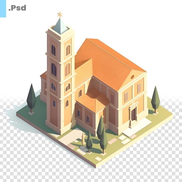 PSD vue isométrique de l'église isolée sur un fond blanc modèle psd d'illustration vectorielle