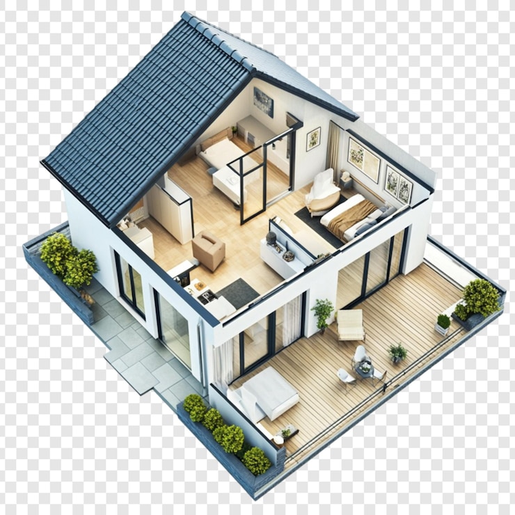 PSD vue isométrique de la maison moderne avec balcon et conception de pont