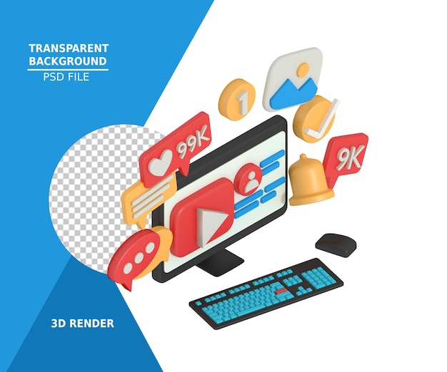 Vue isométrique modélisation 3d vidéo de médias sociaux sur ordinateur