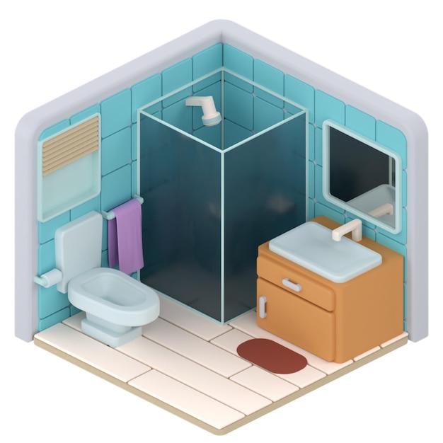 Vue isométrique d'une salle de bain moderne avec douche, toilette et évier