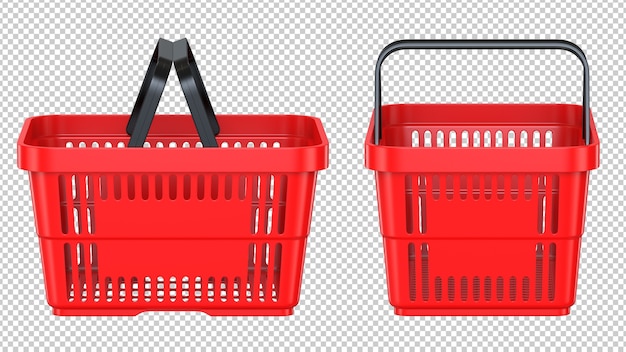 PSD vue latérale et avant d'un panier en plastique client vide rouge