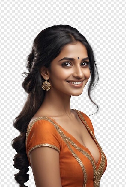 PSD vue latérale d'une belle femme indienne souriante portant une robe orange isolée sur un fond transparent