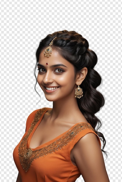 Vue Latérale D'une Belle Femme Indienne Souriante Portant Une Robe Orange Isolée Sur Un Fond Transparent