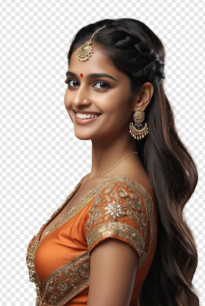 PSD vue latérale d'une belle femme indienne souriante portant une robe orange isolée sur un fond transparent