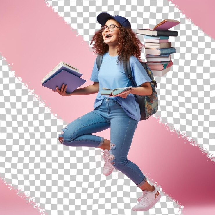 PSD vue latérale complète d'une jeune étudiante excitée en t-shirt bleu, chapeau, lunettes, sac à dos et notebook.
