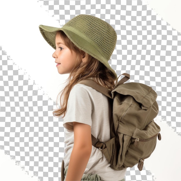 PSD vue latérale d'une petite fille mignonne en vêtements décontractés et un chapeau vert avec un sac à dos regardant à nouveau la caméra