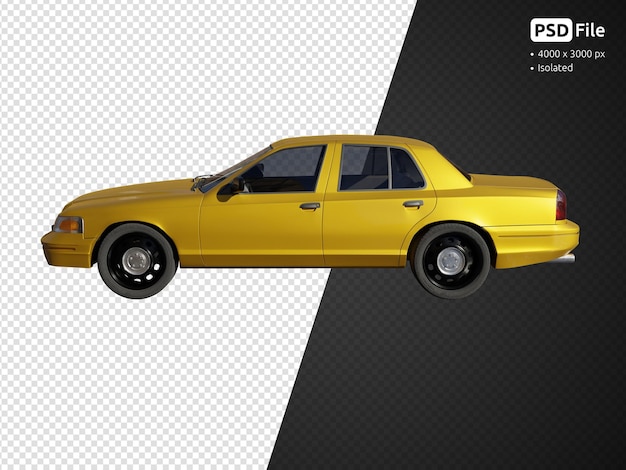 Vue latérale de la voiture jaune, rendu 3D isolé