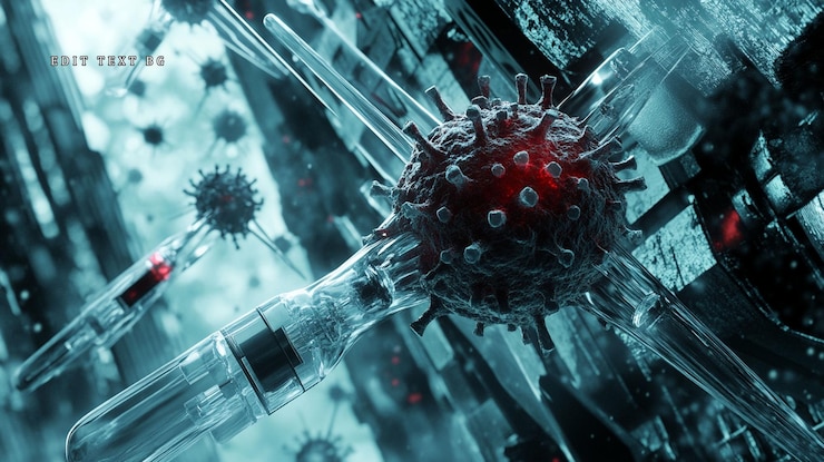 PSD vue microscopique du virus avec des flacons de vaccin