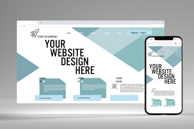 PSD vue d'un navigateur et d'un écran mobile en maquette