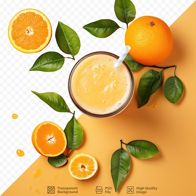 PSD vue d'oiseau d'un smoothie d'orange et d'agrumes avec du feuillage sur une surface sombre