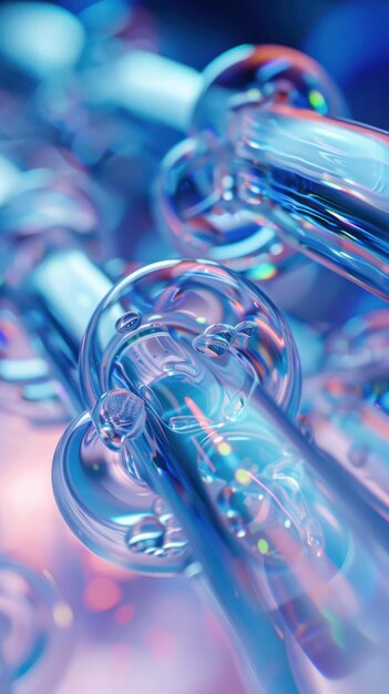 Vue rapprochée abstraite de tubes de verre interconnectés avec des réflexions iridescentes et du bokeh