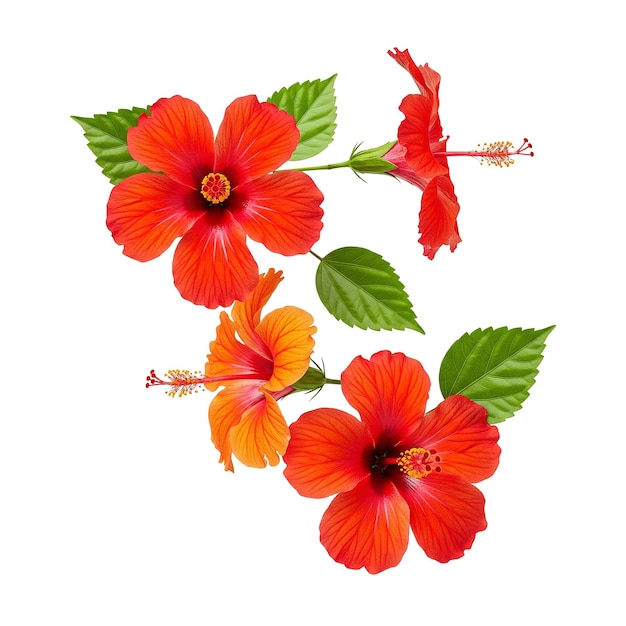 Vue rapprochée de belles fleurs d'hibiscus rouges et orange sur un fond blanc